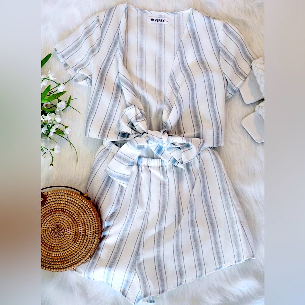 Reverse Striped Tie-Front Romper Blue White Nautical Summer Casual